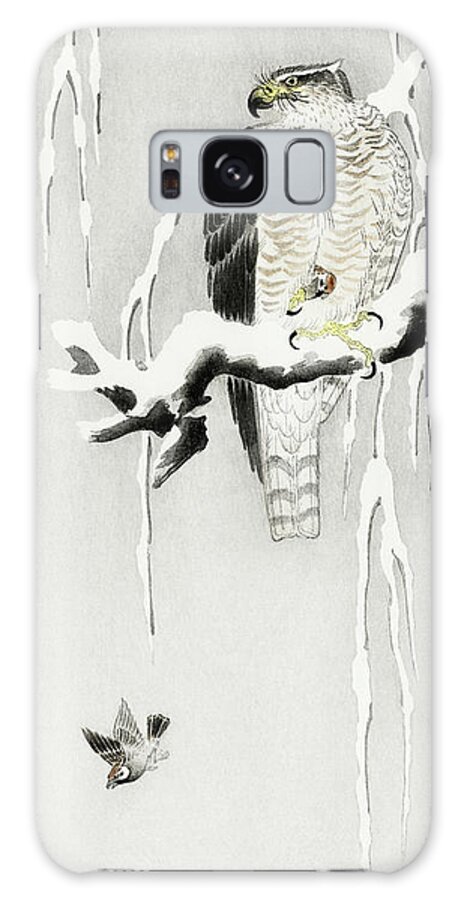 Bird Galaxy Case featuring the painting Hawk with captured ring sparrow by Ohara Koson