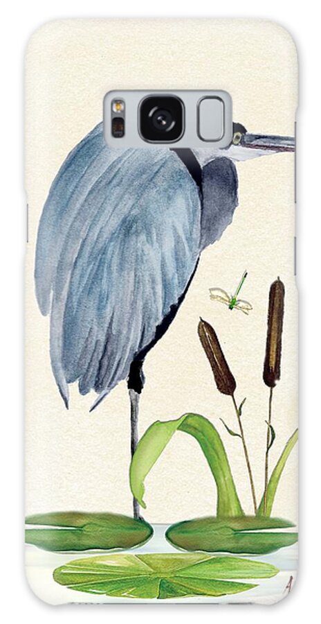 Blue Heron Galaxy Case featuring the painting Heron Waiting by Anne Beverley-Stamps