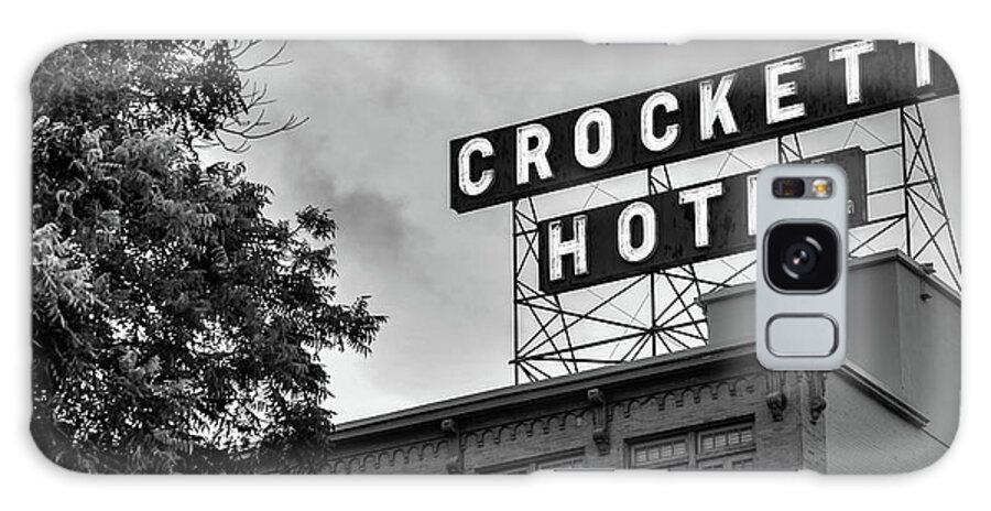 San Antonio Galaxy Case featuring the photograph Historic Crockett Hotel and Neon Sign Panorama - San Antonio Texas Monochrome by Gregory Ballos