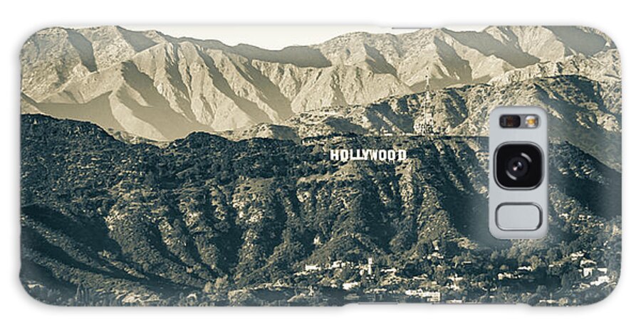 Hollywood Sign Galaxy Case featuring the photograph Hollywood Hills Sign Panoramic Sepia Mountain Landscape by Gregory Ballos
