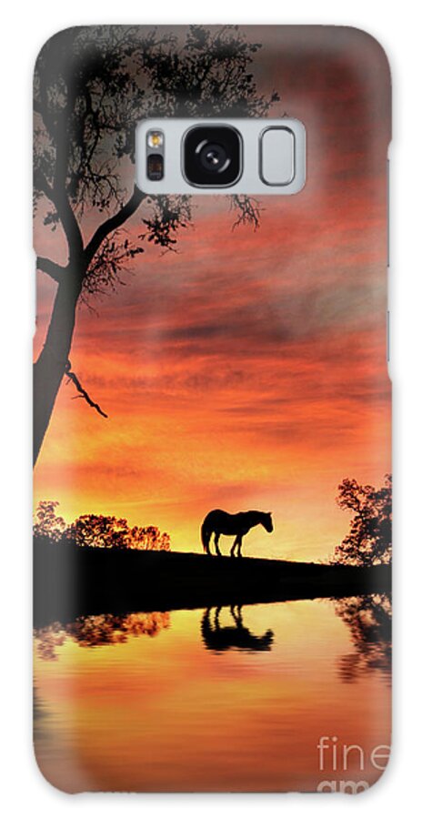 Horse Galaxy Case featuring the photograph Horse Oak Tree and Water Southwestern Sunset Country by Stephanie Laird