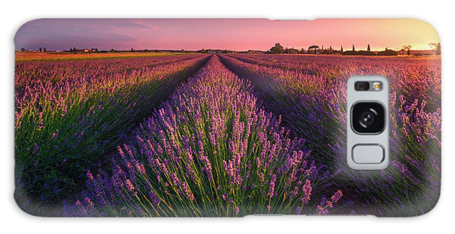 Lavender Galaxy Case featuring the photograph Lavender flowers fields and beautiful sunset. Cecina, Tuscany by Stefano Orazzini