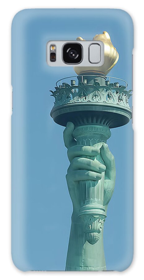 America Galaxy Case featuring the photograph Liberty flame close-up photo with a pure blue sky in July. by Jean-Luc Farges