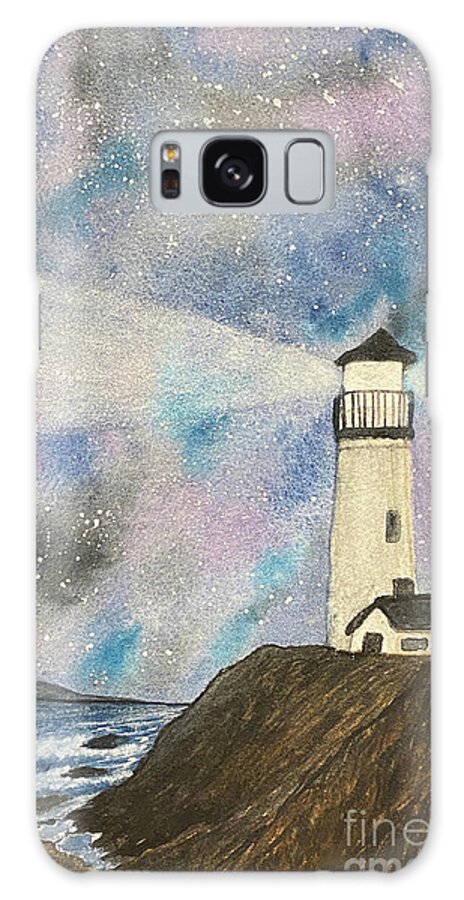 Lighthouse Galaxy Case featuring the painting Lighthouse at Night by Lisa Neuman