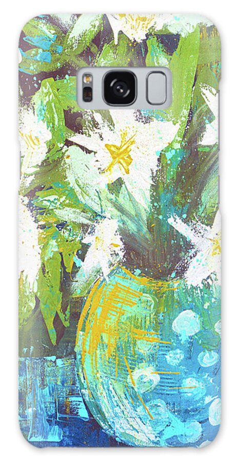 Lilies Galaxy Case featuring the painting Lilies in Teal Polka Dots by Joanne Herrmann