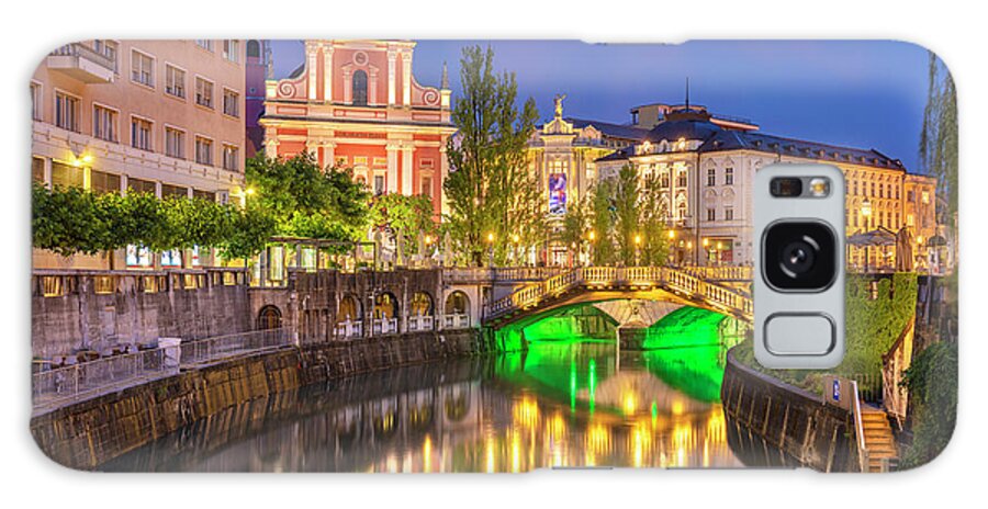 Ljubljana Slovenia Galaxy Case featuring the photograph Ljubljanica river and the triple bridge at night, Slovenia by Neale And Judith Clark