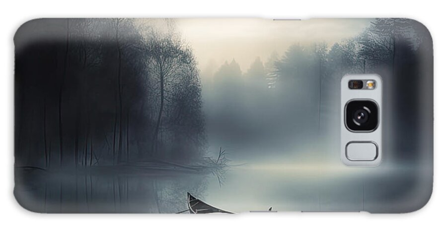 Mystery Art Galaxy Case featuring the painting Lone Boat in a Moonlit Mist by Lourry Legarde