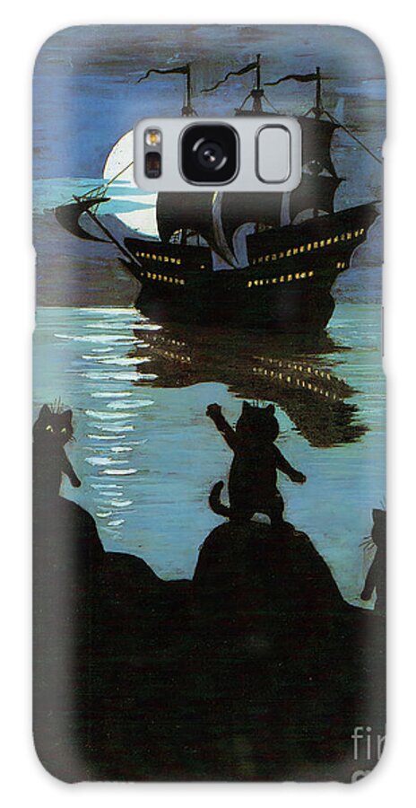 Louis Wain Galaxy Case featuring the painting Louis Wain Cat Print - Pirate Galleon in the Moon Light by Kithara Studio