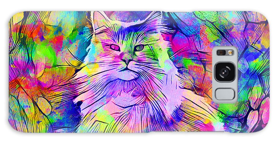 Maine Coon Galaxy Case featuring the digital art Maine Coon cat looking at camera - colorful lines digital painting by Nicko Prints