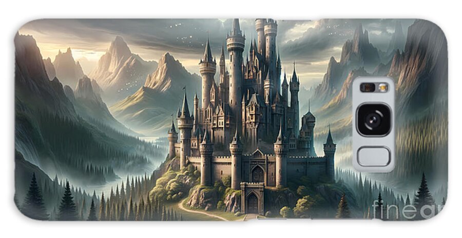 Castle Galaxy Case featuring the digital art Medieval Castle Fantasy, A grand castle surrounded by a mystical forest and mountains by Jeff Creation