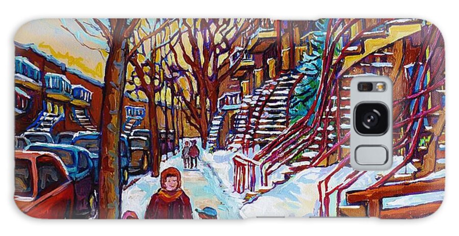 Montreal Galaxy Case featuring the painting Montreal Paintings Staircase Scenes For Sale Winter Stroll Verdun To Plateau Mont Royal Winter Scene by Carole Spandau