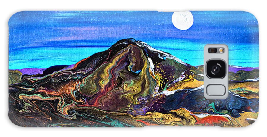 Full Moon Night Scene Landscape Dynamic Colorful Organic Dimensional Dramatic Mountain Galaxy Case featuring the painting Moon Mountain #6714 A by Priscilla Batzell Expressionist Art Studio Gallery