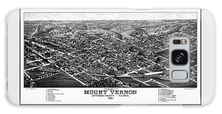 Illinois Map Galaxy Case featuring the photograph Mount Vernon Illinois Vintage Map Birds Eye View 1881 Black and White by Carol Japp