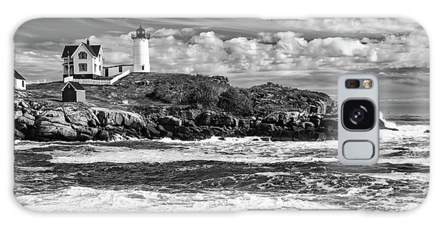Nubble Lighthouse Galaxy Case featuring the photograph Nubble Light on Cape Neddick - York Maine Monochrome Panoramic by Gregory Ballos
