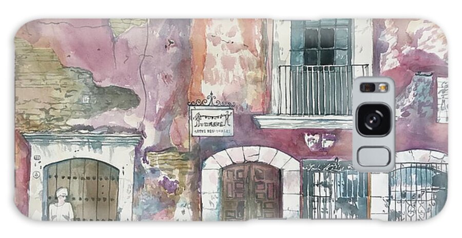#oaxaca #street #streetscene #wall #doors #windows #watercolor #watercolorpainting #glenneff #picturerockstudio #thesoundpoetsmusic Galaxy Case featuring the painting Oaxaca Street by Glen Neff