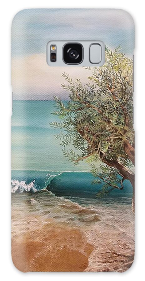 Seascape Oil Olive Tree Sky Blue Canvas Water Galaxy Case featuring the painting Olive and Sea 3 by Caroline Philp