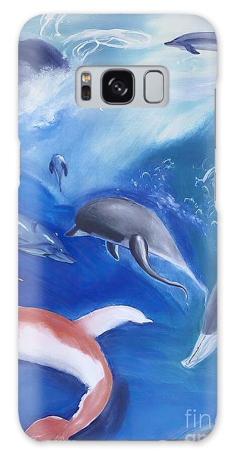 Sea Galaxy Case featuring the painting Painting Fly With Three Dolphins Abstract Oil Pai by N Akkash