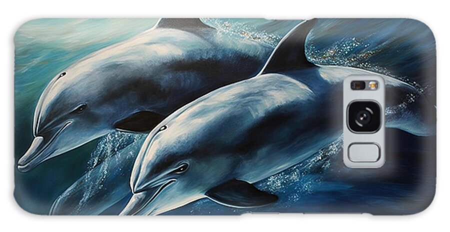 Dolphin Galaxy Case featuring the painting Painting of three dolphins underwater oil on canvas by N Akkash