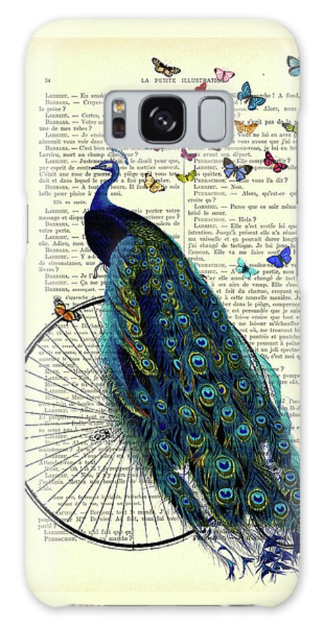 Peacock Galaxy Case featuring the digital art Peacock On Penny Farthing Bike With Butterflies Art Print by Madame Memento