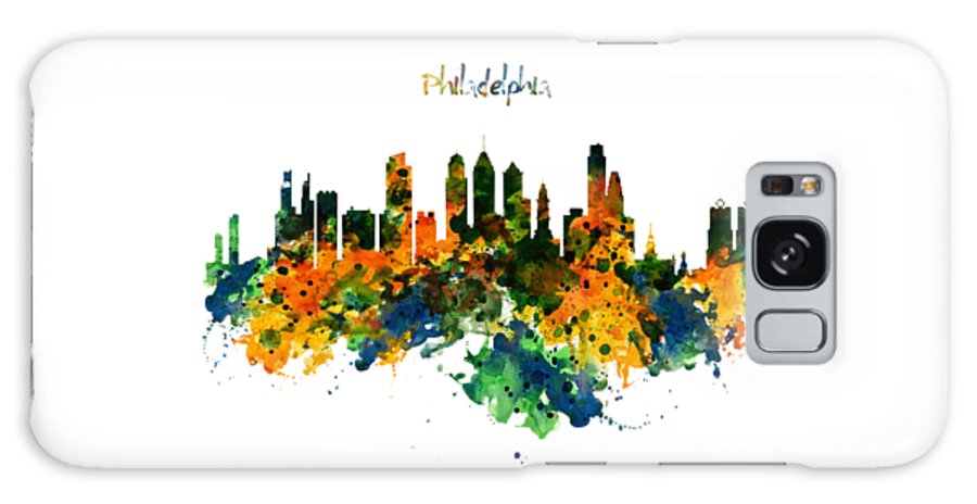 Marian Voicu Galaxy Case featuring the painting Philadelphia Watercolor Skyline by Marian Voicu