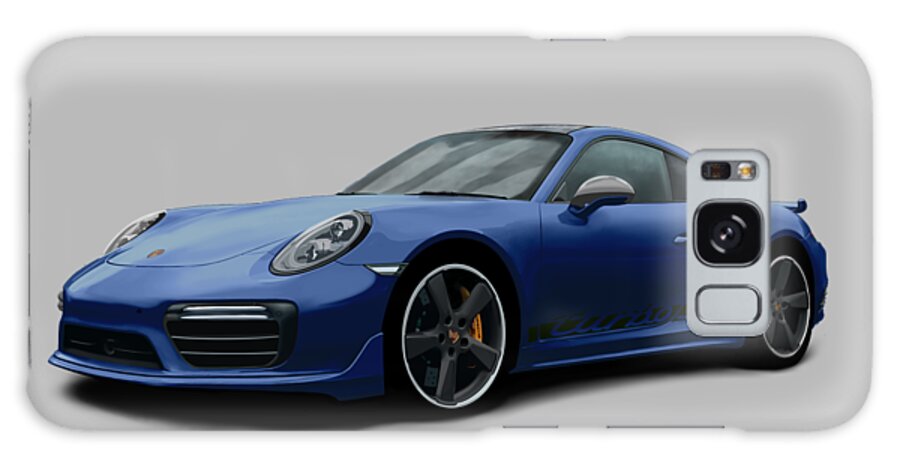 Hand Drawn Galaxy Case featuring the digital art Porsche 911 991 Turbo S Digitally Drawn - Dark Blue with side decals script by Moospeed Art