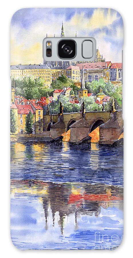 Watercolour Watercolor Prague Praha Cityscape Castle Old City Hous Bridge Galaxy Case featuring the painting Prague Castle with the Vltava River 1 by Yuriy Shevchuk
