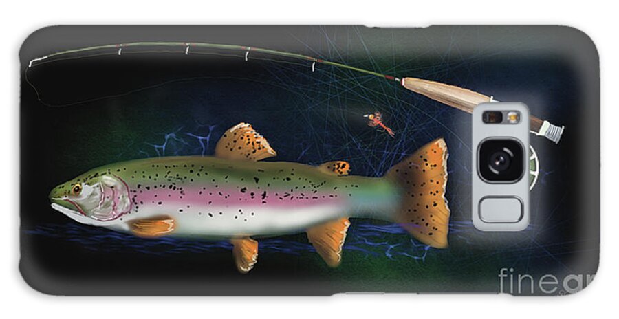 Fly Rod Galaxy Case featuring the digital art Rainbow Trout and Fly Rod by Doug Gist