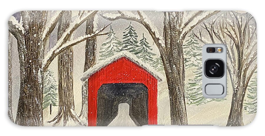 Covered Bridge Galaxy Case featuring the painting Red Bridge in the Snow by Lisa Neuman