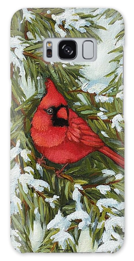 Cardinal Galaxy Case featuring the painting Red cardinal bird on winter spruce branch by Inese Poga