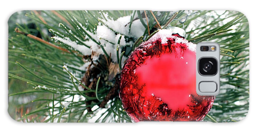 Red Galaxy Case featuring the photograph Red Ornament in Evergreen with Snow by Pete Klinger