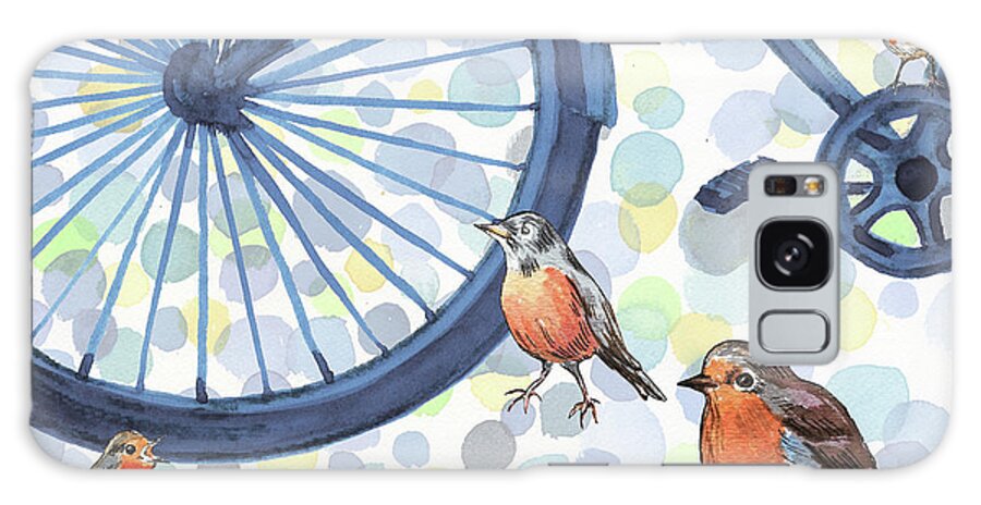 Red Robin Galaxy Case featuring the painting Red Robin Birds At The Bicycle Wheel Watercolor Painting by Irina Sztukowski