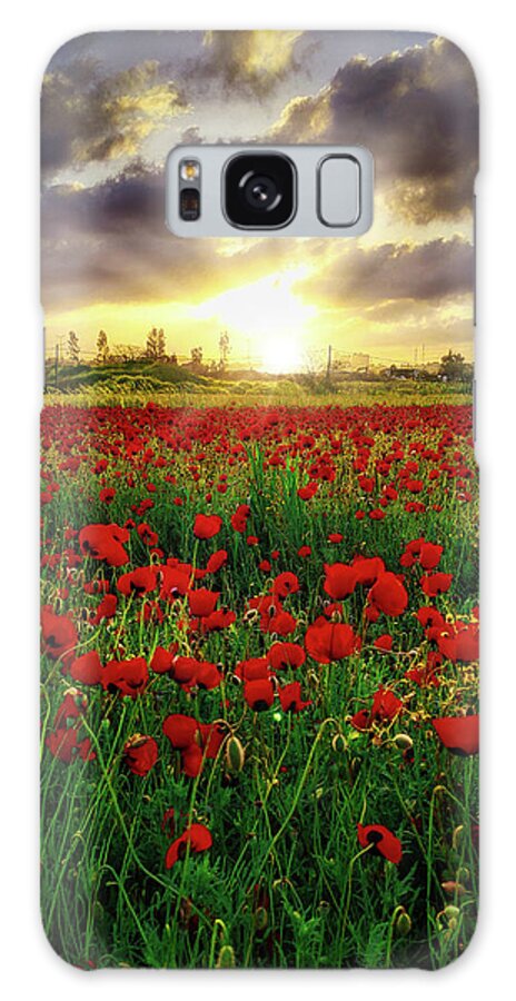 Poppies Galaxy Case featuring the photograph Field of poppies at sunrise by Meir Ezrachi