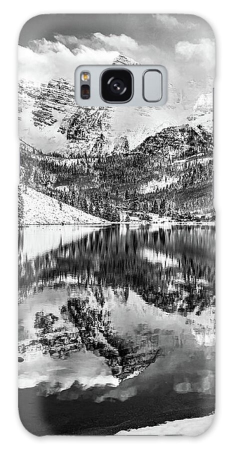 Mountain Landscape Galaxy Case featuring the photograph Reflections of Maroon Bells Mountain Peaks - Aspen Black and White by Gregory Ballos