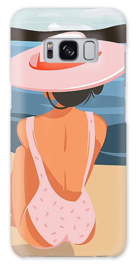 Background Galaxy Case featuring the drawing Relaxing girl in pink hat on beach landscape background, Hand drawn cartoon summer time illustration by Mounir Khalfouf