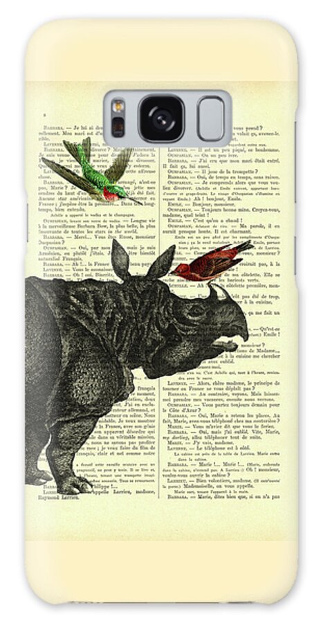 Rhino Galaxy Case featuring the mixed media Rhino with birds by Madame Memento