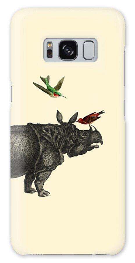 Rhino Galaxy Case featuring the digital art Rhinoceros with birds art print by Madame Memento