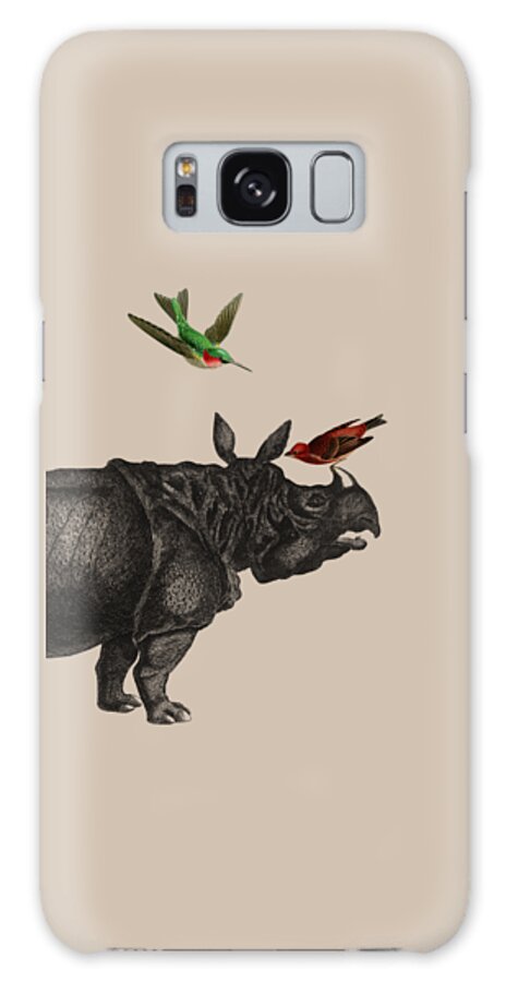 Rhino Galaxy Case featuring the digital art Rhinoceros With Green And Red Birds by Madame Memento