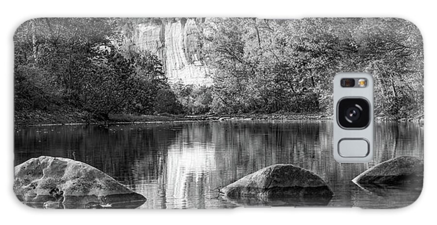 Roark Bluff Galaxy Case featuring the photograph Roark Bluff And River Rocks Along The Buffalo National River Panorama - Black and White by Gregory Ballos