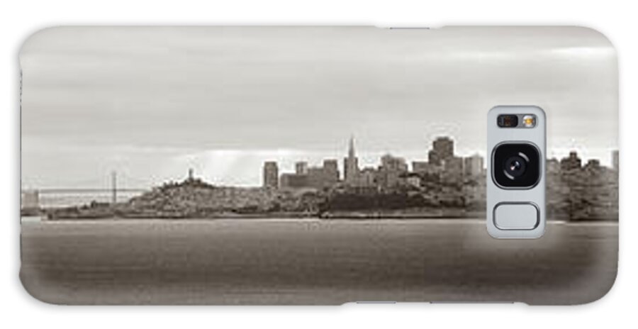 San Francisco Galaxy Case featuring the photograph San Francisco Skyline and Bay Bridge Panorama in Sepia by Gregory Ballos