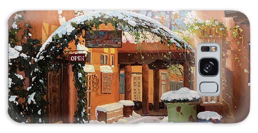 Santa Fe World Famous Pink Adobe Restaurant Cafe Old Adobe House Beautiful Winter Snow Landscape Contemporary Santa Fe Architecture Snow Canyon Road Adobe Gallery Realism Artist Gay Kim Southwestern New Mexico Enchantment Land Adobe Buildings St. Francis Cathedral Basilica Beauty Of Santa Fe Wall Art Paintings Adobe House Paintings Large Southwest Adobe Landscape Oil Painting Canvas 36x24 Southwest Building Landscape Southwest Flower Pots On The Adobe Steps Oilcolor Art Turquoise Giclee Print  Galaxy Case featuring the painting Santa Fe's famous Pink Adobe by Gary Kim