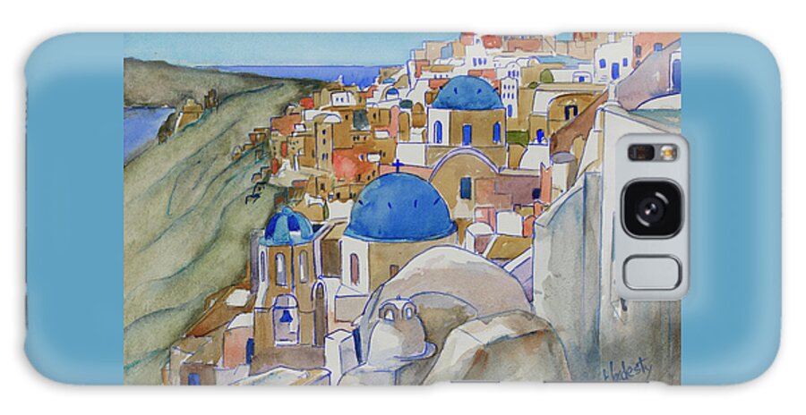 Santorini Galaxy Case featuring the painting Santorini blue domed churches by David Hardesty