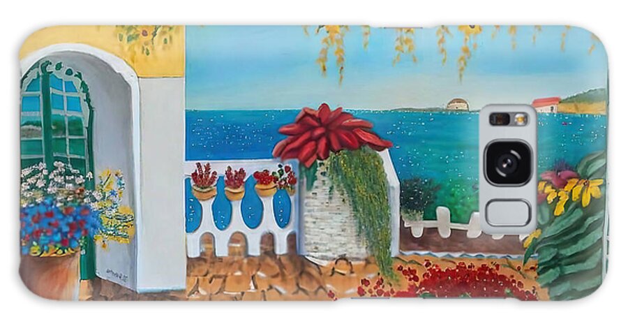Sea Galaxy Case featuring the painting Santorini Painting sea serene greece bougainvilla santorini dist by N Akkash