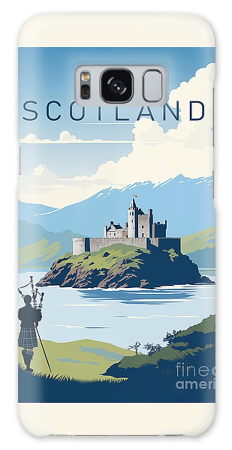 Scotland Galaxy Case featuring the digital art Scotland bagpiper, vintage travel poster by Delphimages Photo Creations