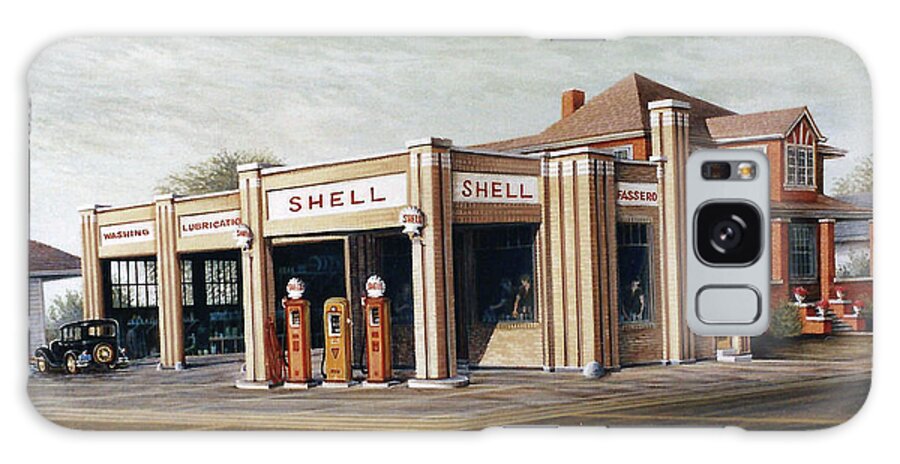 Architectural Landscape Galaxy Case featuring the painting Shell Gas Station by George Lightfoot