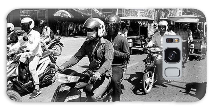 Asia Galaxy Case featuring the photograph Siem Reap cambodia street motorbikes black and whiite by Sonny Ryse