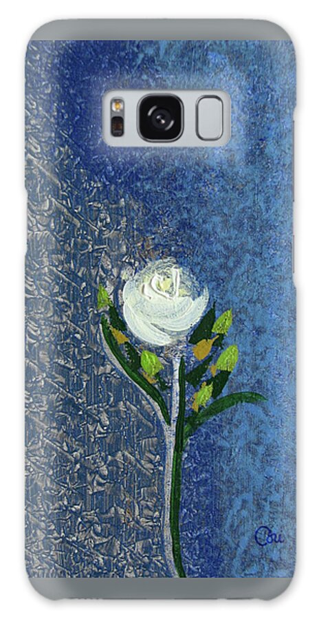 Rose Galaxy Case featuring the painting Single White Rose on Blue by Corinne Carroll