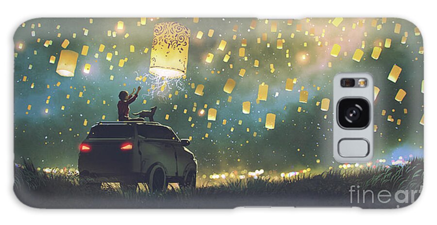 Illustration Galaxy Case featuring the painting Sky lanterns in a starry night by Tithi Luadthong
