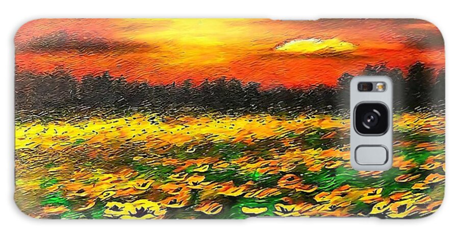 Perspective Galaxy Case featuring the painting SUMMER PASSION Painting perspective sky summertime sunflowers sunsets fields floral flowers background beautiful beauty bloom blossom color field garden grass green illustration landscape meadow by N Akkash
