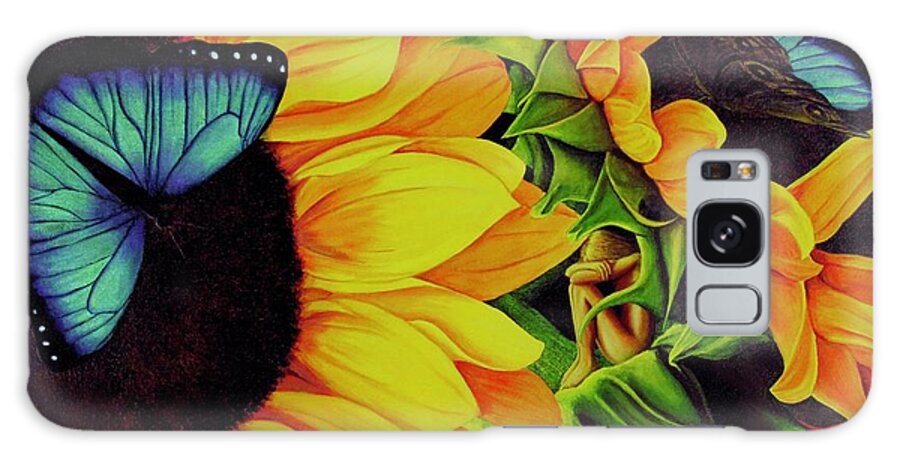 Kim Mcclinton Galaxy Case featuring the painting Blue Morpho Sunflower Dream by Kim McClinton
