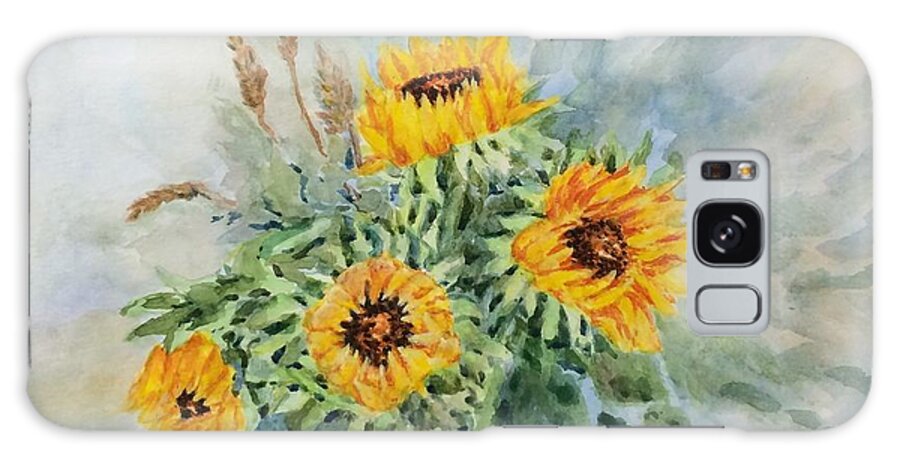 Sunflowers Galaxy Case featuring the painting Sunflowers in blue vase by Milly Tseng